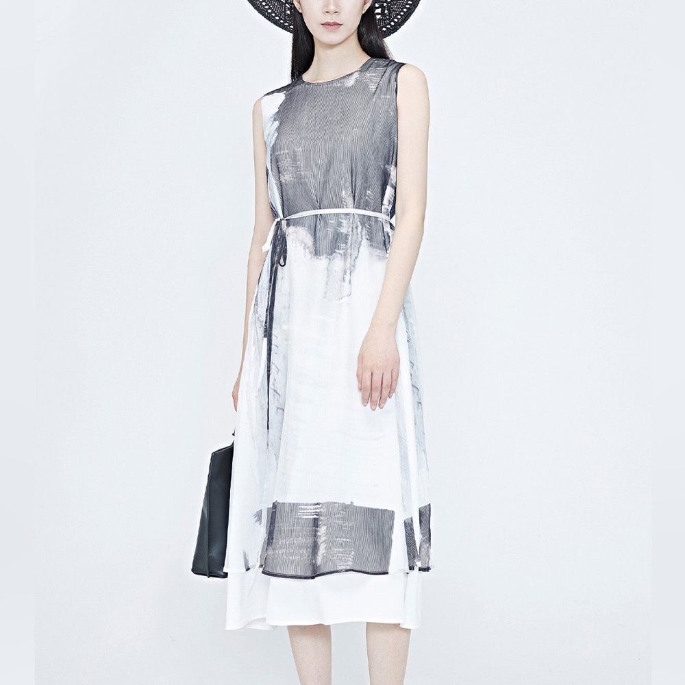 S. Deer Elegant‎ Ink Splatter Sleeveless Dress White M NWT